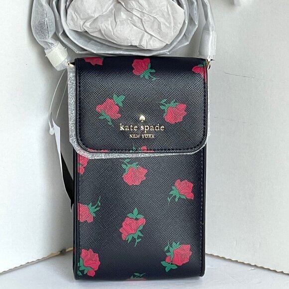 kate spade Handbags - Kate Spade Madison Phone Crossbody Black Rose Toss Leather Bag NWT